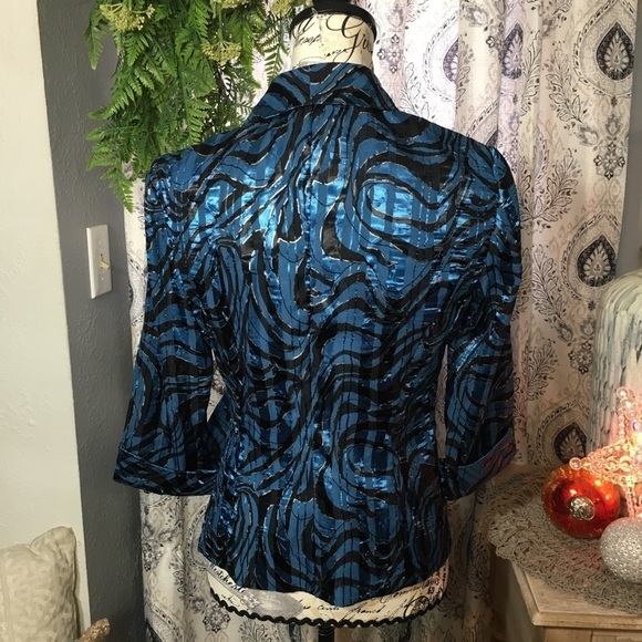 Alex Evenings Petite dark blue and black poly satin zebra print side tie blazer - Picture 5 of 7